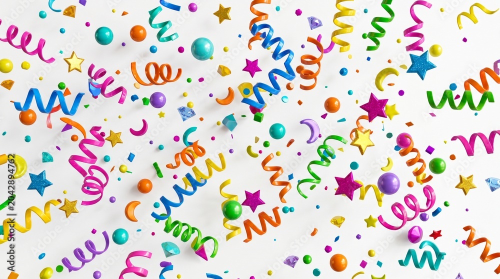 Fototapeta premium Celebration confetti scatter vibrant streamers and star shapes on white