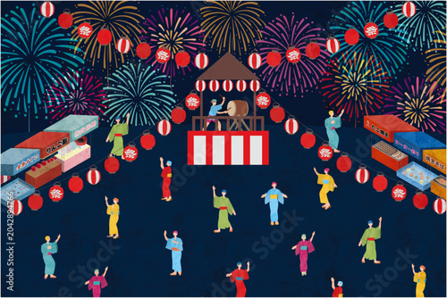 花火と盆踊りと屋台が並ぶ日本の夏祭りイラスト
