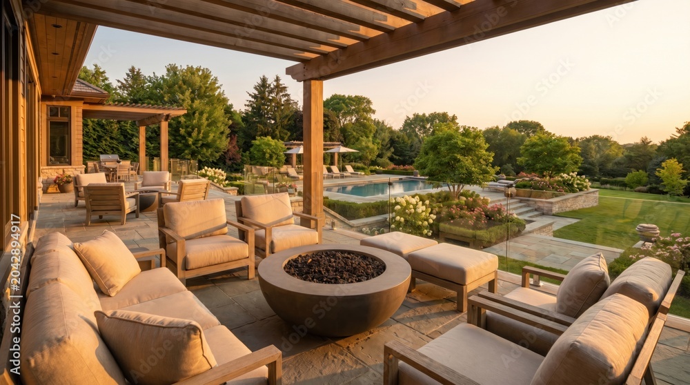 Fototapeta premium Elegant patio with plush seating, a fire pit, and pool view, set amid lush greenery at sunset