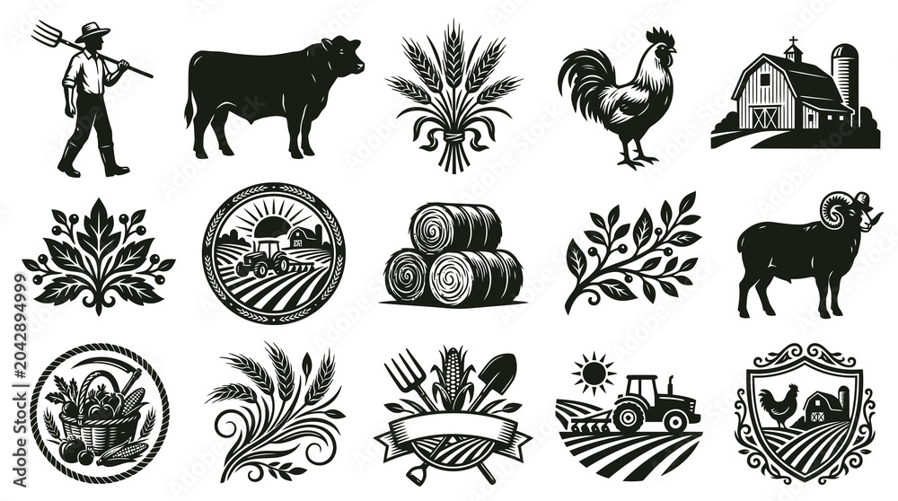 Obraz premium Vintage Black White Agriculture Farm Icons Set - Farmer, Animals, Crops, Barn, Tractor Vector Illustrations