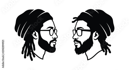 Foto two men with dreadlocks and glasses silhouette profile beard side view black whi