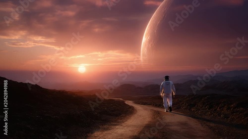 An astronaut walks alone on an alien landscape at sunset, with a distant planet looming in the sky, symbolizing exploration and the vastness of space.