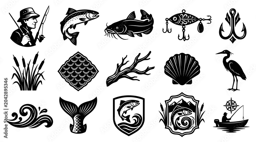 Fototapeta premium Fishing and Marine Life Glyph Icons Collection. Angling, Outdoor Recreation Black White Silhouette Symbols.