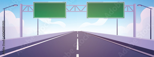Tableau sur toile An empty highway banner with road markings, streetlights, and two empty green information boards