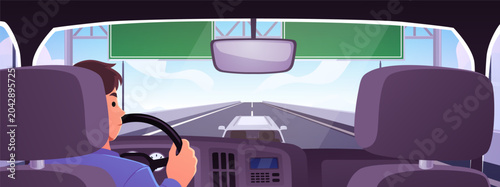 Bild auf Leinwand Driver is driving the car, vector flat view from cabin on highway with traffic r
