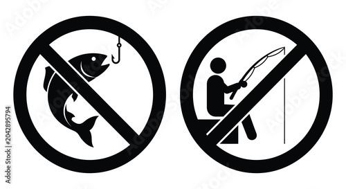 no fishing signs in black and white silhouette prohibition fish hook rod circle slash warning symbol