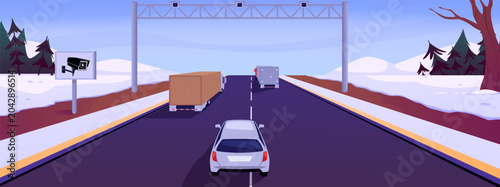 Highway with video camera recording on pole, car and trucks passing in winter nature landscape, vector transport traffic