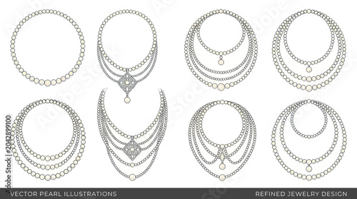 Elegant Pearl Necklace Designs Vector Set: Classic and Modern Jewelry Illustrations