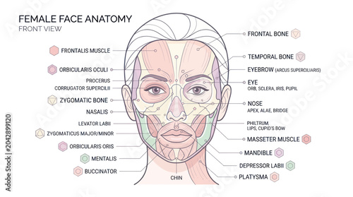Obraz na plátně Female Face Anatomy Diagram - Front View with Muscle and Bone Labels