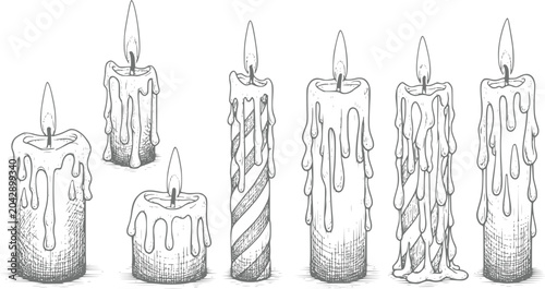 Tableau sur toile A collection of hand-drawn featuring various lit candles with melting wax drips,