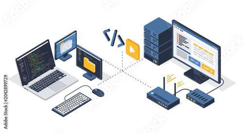 Quadro su tela An isometric illustration showing a computer network and software development se