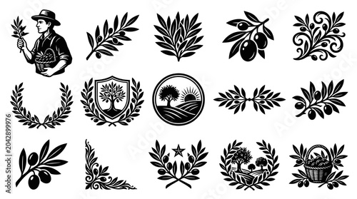 Monochrome Vector Olive Branch and Tree Illustrations Set for Food, Agriculture, and Mediterranean Themes