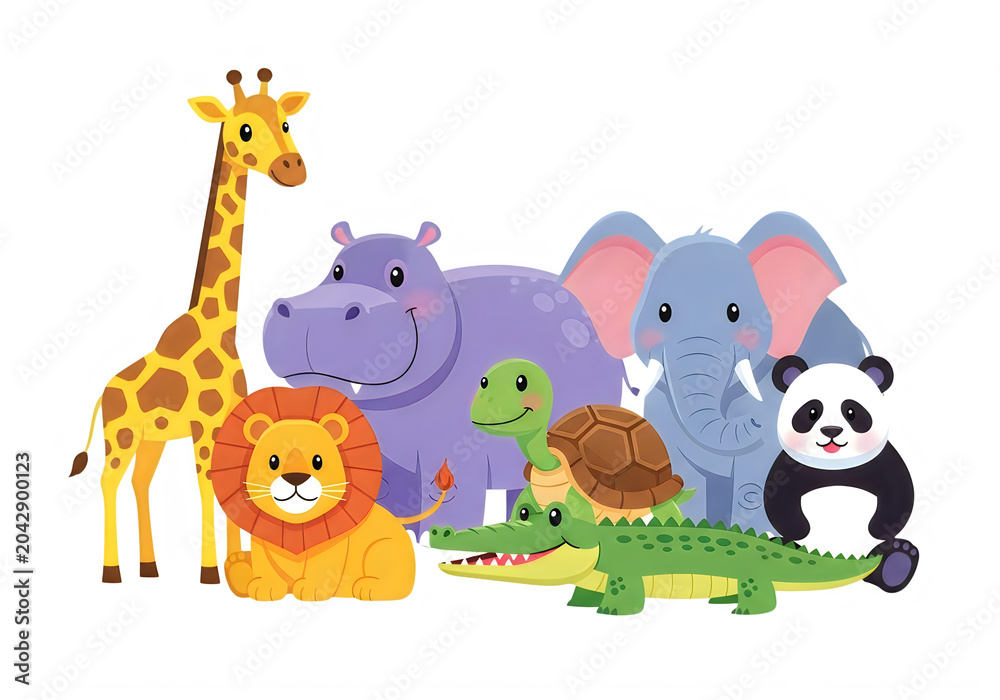 Naklejka premium Cute pixel art set of wild safari animals including a giraffe lion hippo elephant turtle crocodile and panda bear