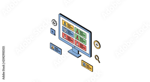 An isometric illustration of a computer screen displaying a digital contact list
