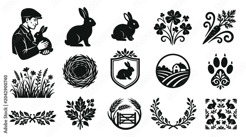 Fototapeta premium Black and White Vector Icons of Rabbits, Farm, and Nature Elements