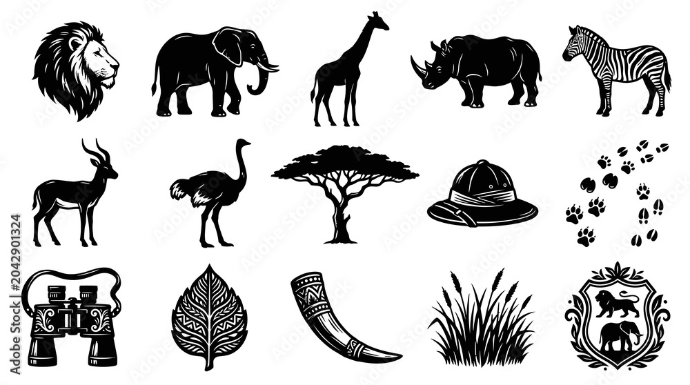 Naklejka premium African Safari Wildlife Vector Icons Set. Black White Animals Nature Silhouettes.