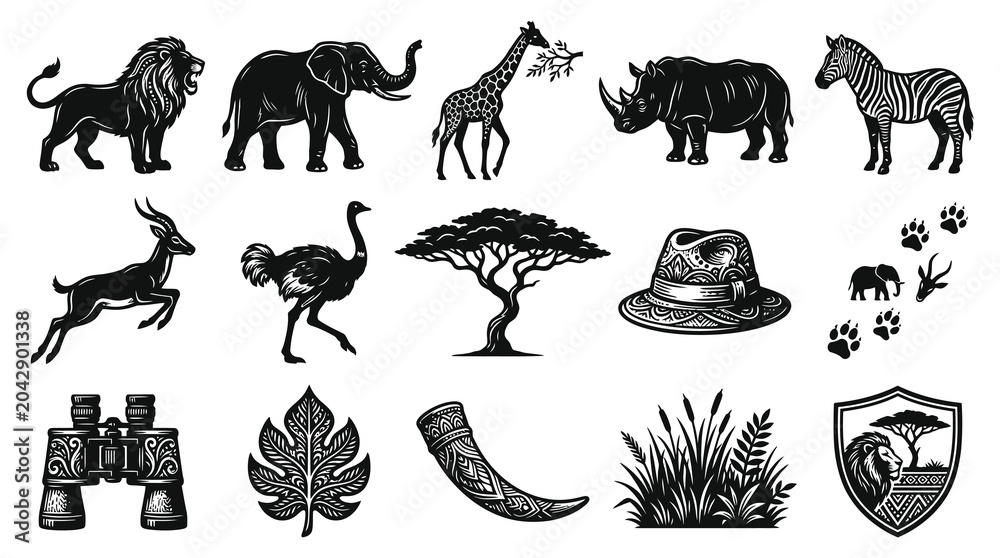 Naklejka premium African Safari Wildlife and Travel Icons Collection in Detailed Black and White Vintage Engraving Style