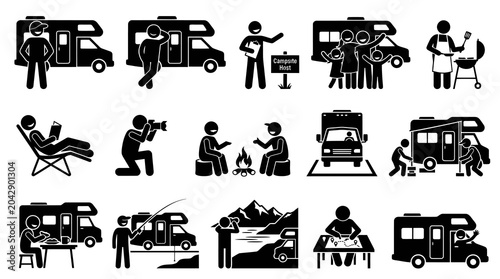 Black  White Glyph Icons: RV Camping, Road Trip, and Outdoor Recreational Vehicle Lifestyle Activities