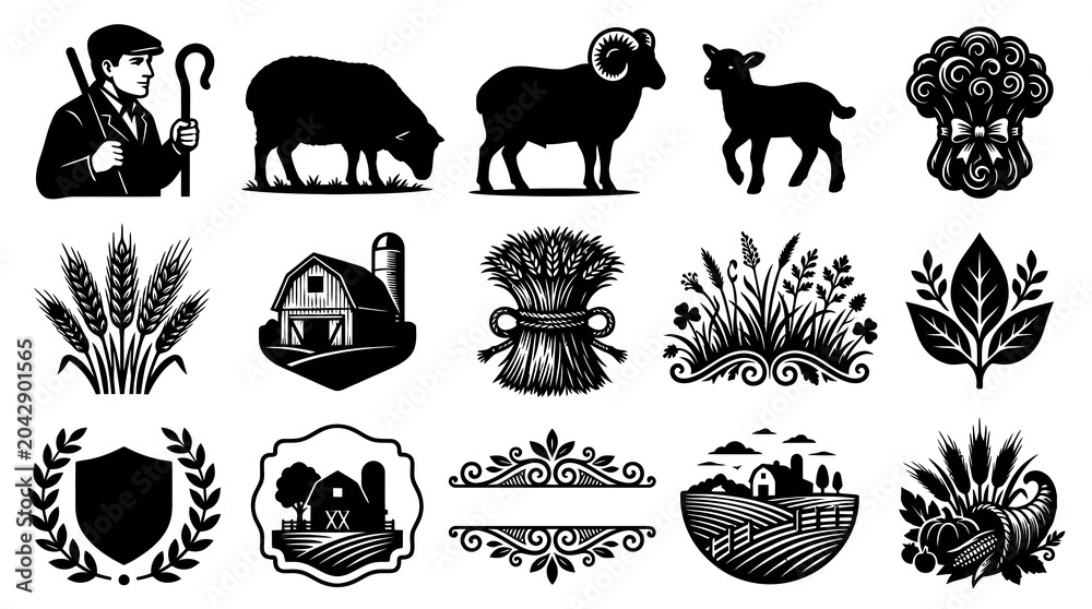 Obraz premium Black White Farm Icons: Shepherd, Sheep, Barn, Wheat, Harvest, Nature
