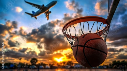 A basketball nestled in a hoop against a stunning sunset backdrop. 