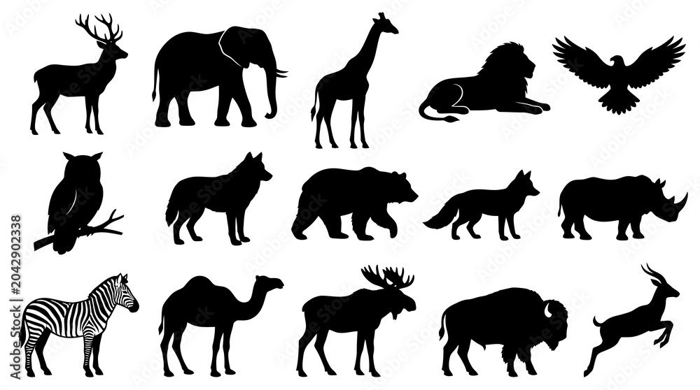 Naklejka premium Collection of Various Wild Animals Silhouettes, Black Vector Icons Set for Wildlife and Nature Design