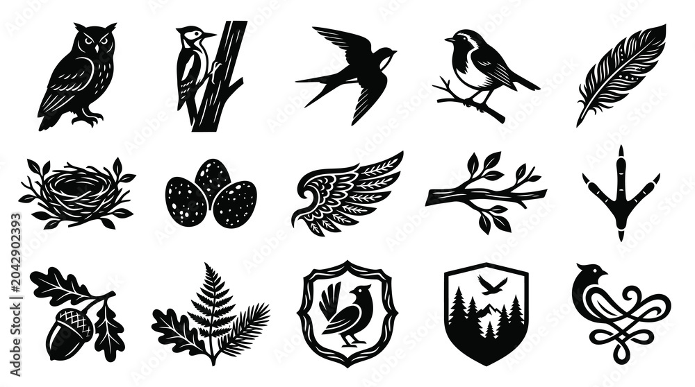 Fototapeta premium Black White Vector Icons of Birds, Feathers, Nests, Eggs, and Nature Elements