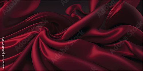 Luxurious red silk and satin fabric background featuring smooth flowing waves of soft textile texture with elegant curves and light patterns for a decorative luxury cloth backdrop illustration