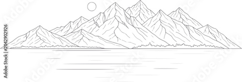 Photos Mountain range reflected in calm water under a circular sun