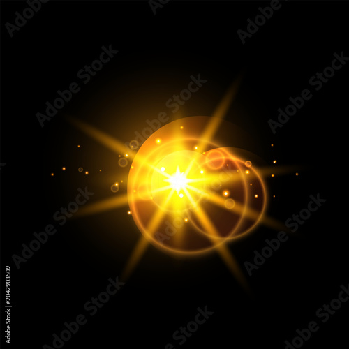 Abstract Golden Light Flare Energy Swirl with Sparkles on Black Background