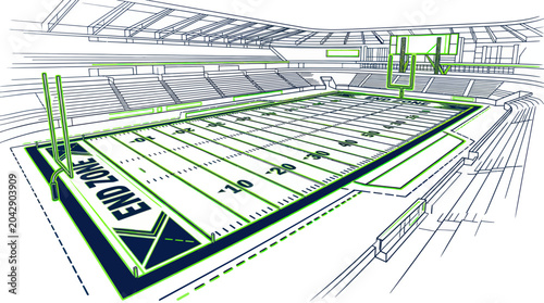 Photos American Football Stadium Blueprint Sketch with End Zone and Field Markings