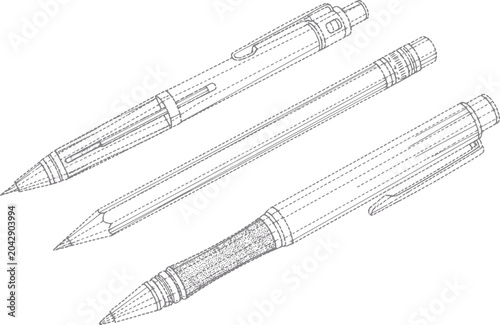 Photos Detailed line of three writing instruments mechanical pencil, graphite pencil, a