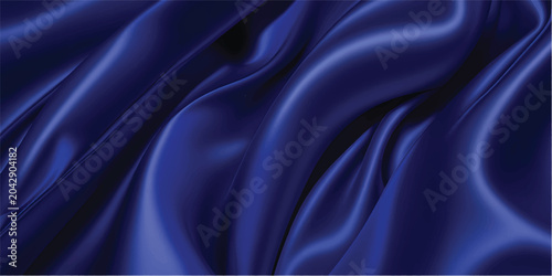 Smooth dark blue silk fabric background with luxury satin waves and soft flowing textures creates a motion of purple light curves in this elegant textile backdrop design