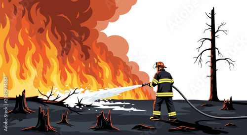 Valokuva Wildfire prevention vector illustration showing a firefighter battling a raging