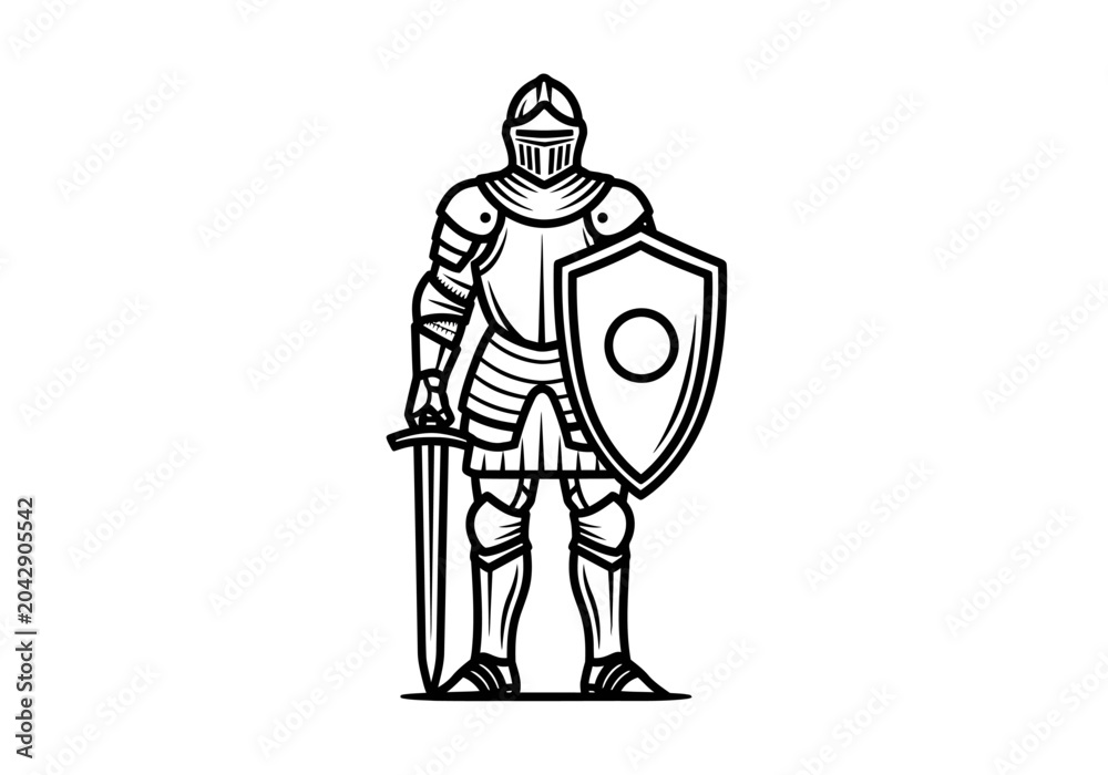 Obraz premium Medieval Knight in Full Armor with Sword and Shield Standing Guard.