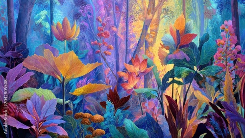 Colorful plants and flowers in a vibrant forest setting, showcasing various leaves and floral structures under a bright light during day time