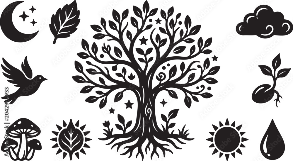Fototapeta premium Tree of Life with Nature Symbols Around It