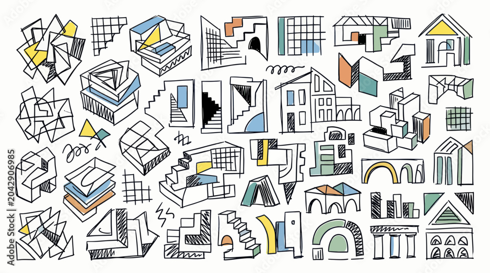 Fototapeta premium Abstract Architectural Sketches: Geometric Buildings, Stairs, and Shapes