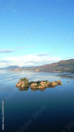 Panoramic View of Ancient Monastery Ruins on Bafa Lake Island at Dawn. High quality 4k footage