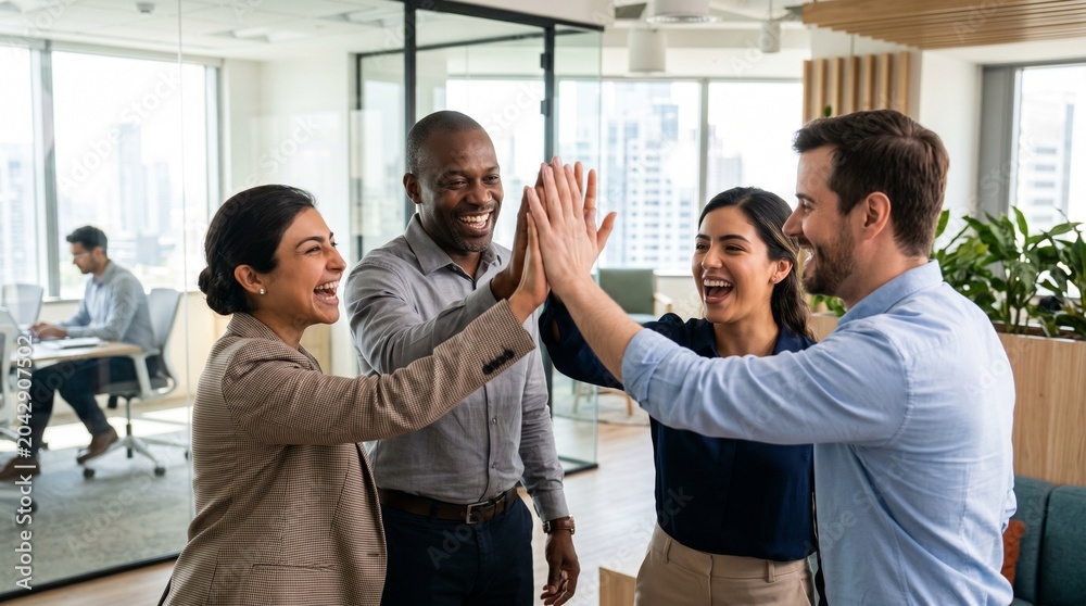 Obraz premium Diverse business team celebrating success with a high-five in a modern office. Teamwork and collaboration concept.