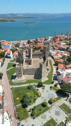Aerial View of Candarli Castle and Coastal Town at Sunny Day, Izmir, Turkey. High quality 4k footage