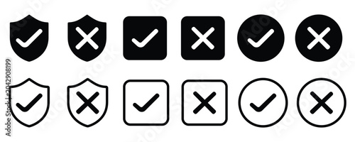 Foto Checkmark and cross icons in various shapes isolated on white background