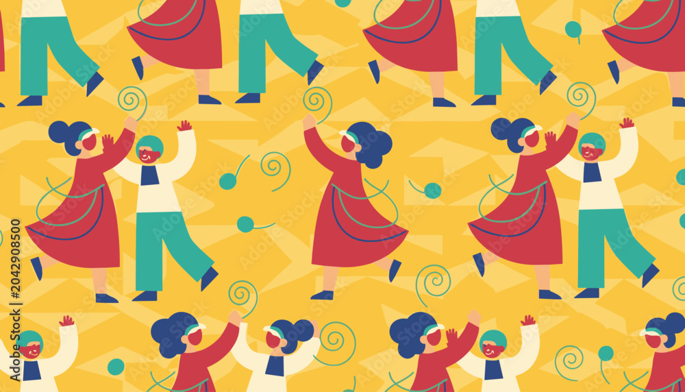 Fototapeta premium Vibrant seamless pattern shows multiple couples dancing in colorful traditional folk costumes against a patterned yellow and orange background.