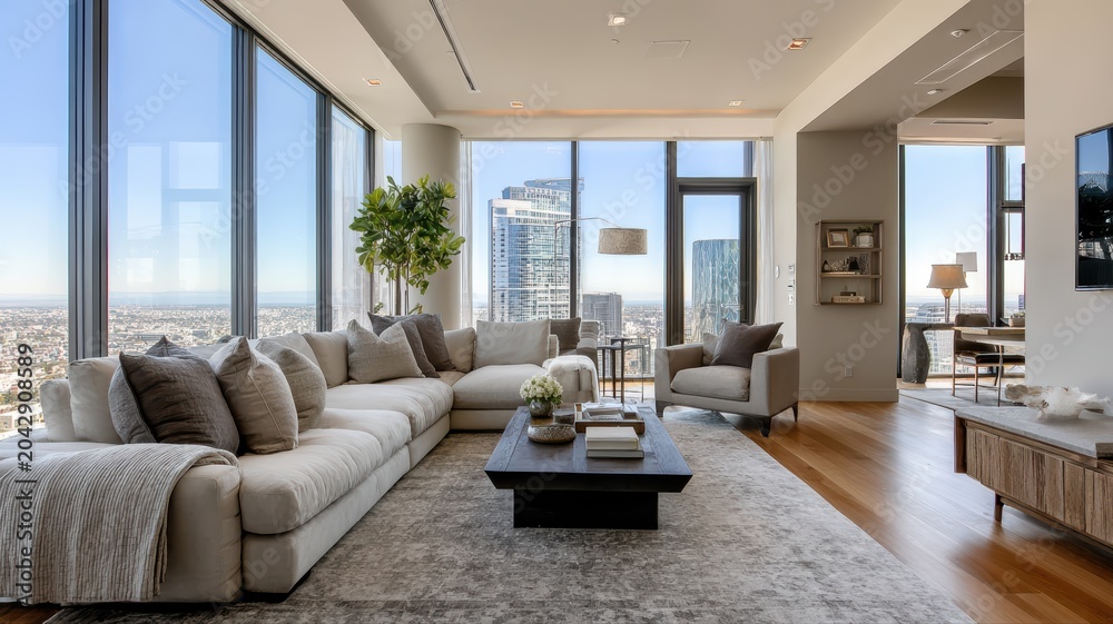 Fototapeta premium Modern living room with city skyline view in a high-rise building during daylight hours