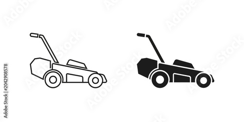 Cuadro en lienzo Lawn mower icon vector set in outline and solid styles with gardening landscapin