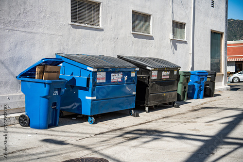 Bild auf Leinwand Row of commercial dumpsters and trash cans lined up outside a building