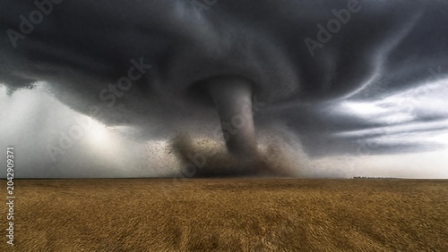 Breathtaking high definition drone image displaying a monstrous tornado over rural golden agriculture fields view