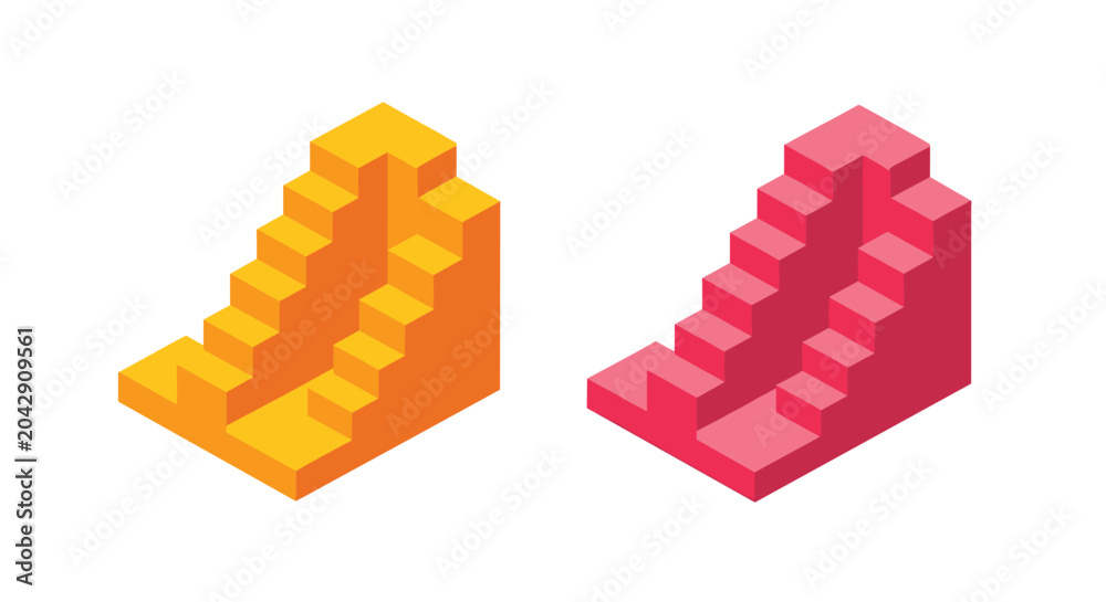 Fototapeta premium Isometric illustration of two sets of steps or staircases in vibrant orange and pink color palettes for architectural design.