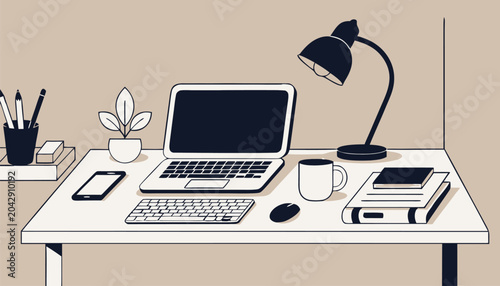 Quadro su tela Office workspace, desk with laptop, computer accessories, home office setup