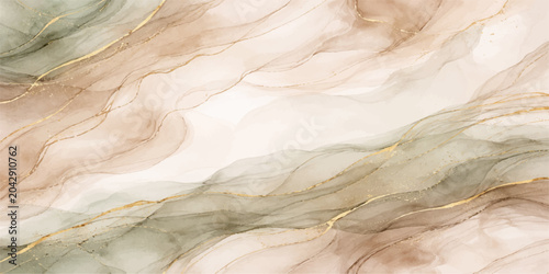 Obraz na plátne An ethereal abstract painting features delicate swirls of cream, beige, and sage green ink, accented with shimmering gold leaf veins