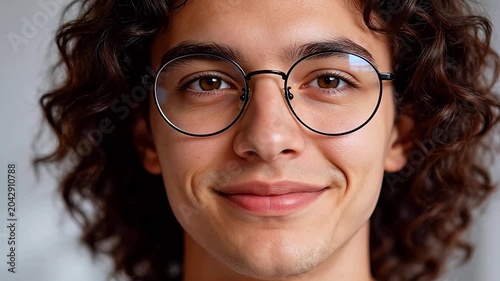 Closeup portrait of a person with curly hair and glasses